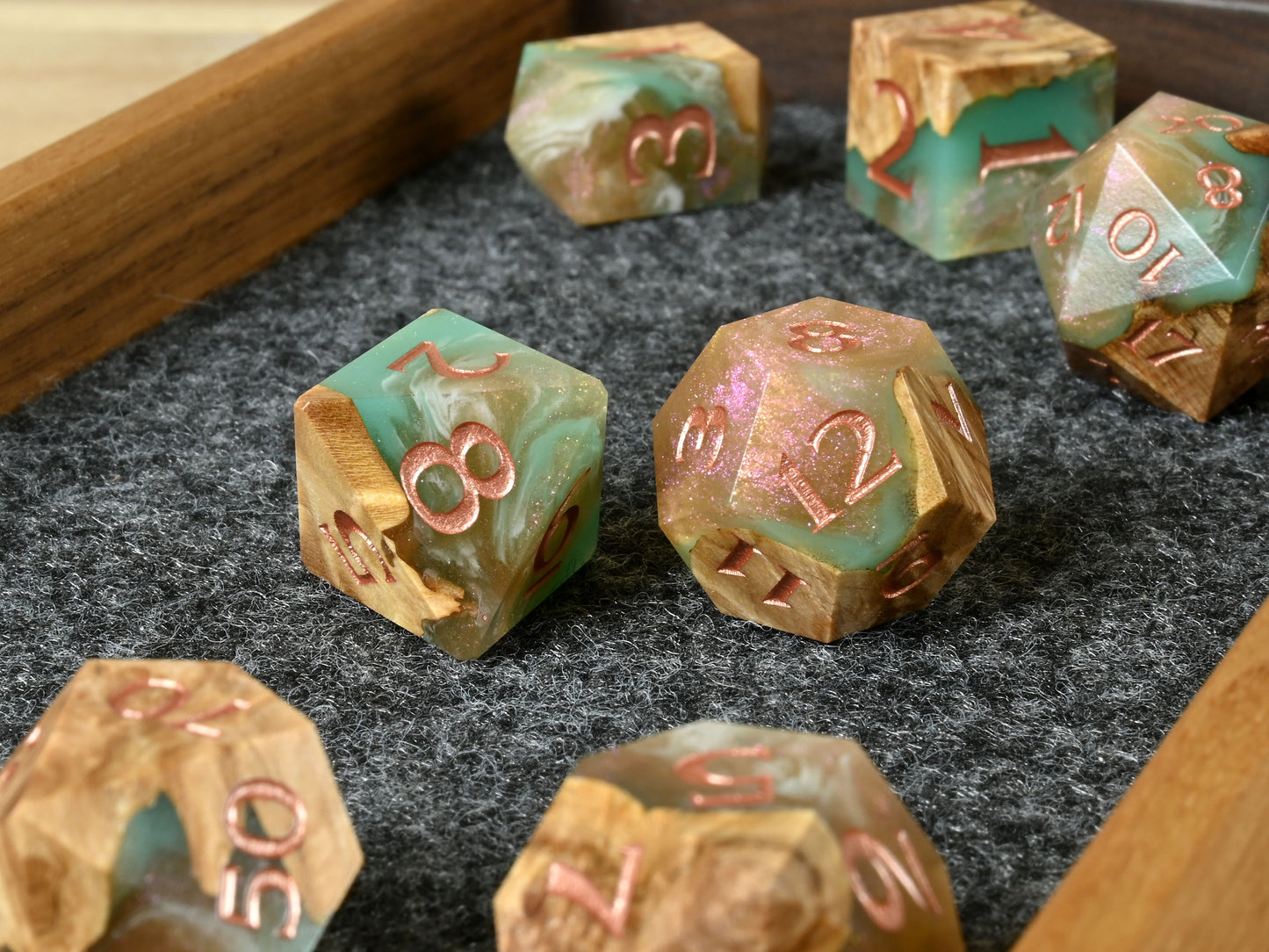 Siren's song maple burl wood and resin dice set for dnd tabletop rpg