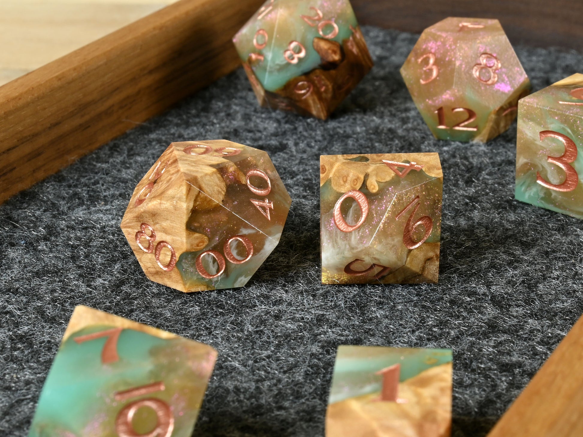 Siren's song maple burl wood and resin dice set for dnd tabletop rpg