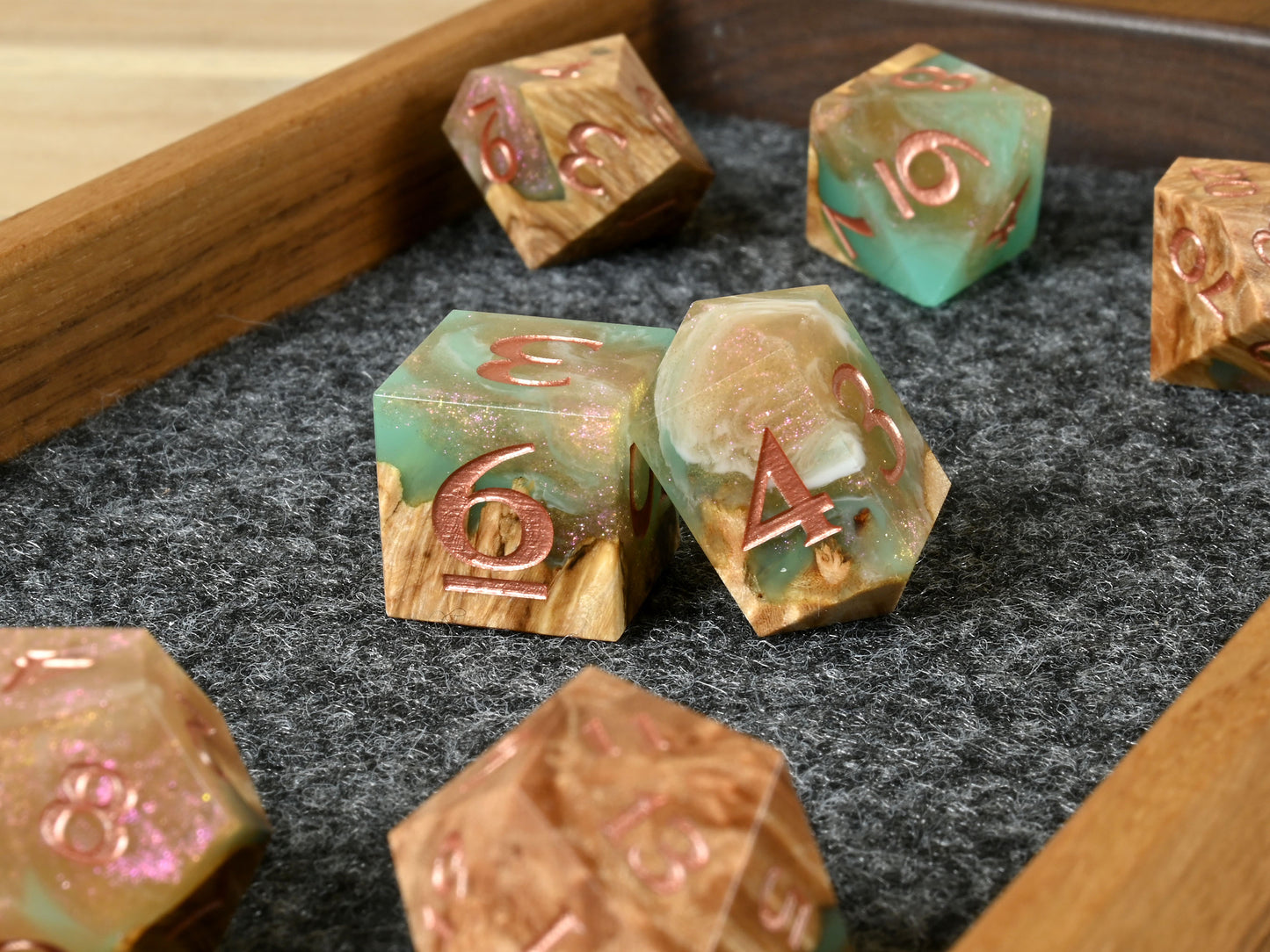 Siren's song maple burl wood and resin dice set for dnd tabletop rpg