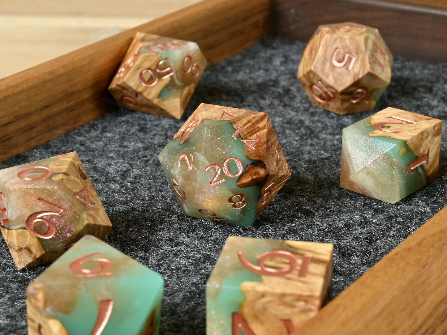 Siren's song maple burl wood and resin dice set for dnd tabletop rpg