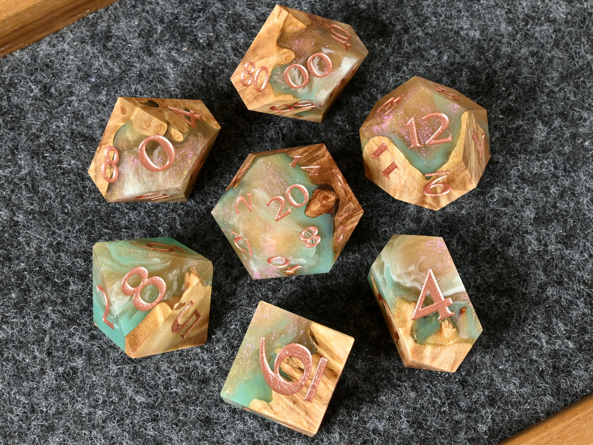 Siren's song maple burl wood and resin dice set for dnd tabletop rpg