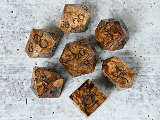 Spalted maple burl wood dice set for dnd ttrpg 