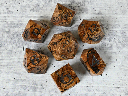 Spalted Maple Burl wood dice set for dnd ttrpg