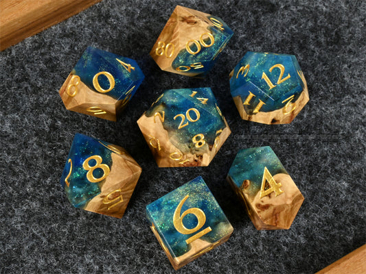 Sunken Treasure Corrugata Burl Wood and Resin Hybrid Dice Set for dnd ttrpg