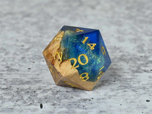 Sunken Treasure - Corrugata Burl Hybrid D20 Dice with gold painted numbers for dnd ttrpg