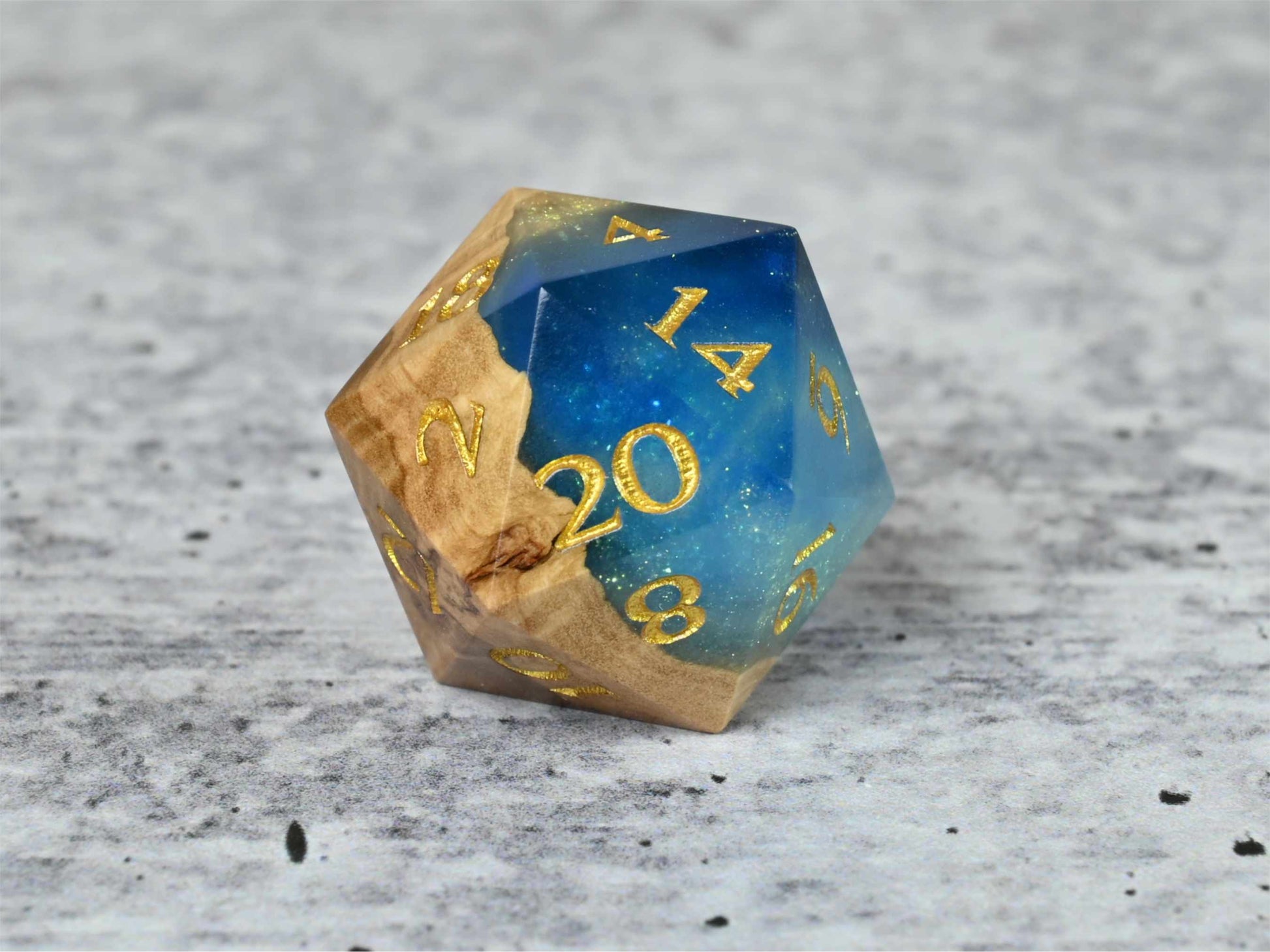 Sunken Treasure - Corrugata Burl Hybrid D20 Dice with gold painted numbers for dnd ttrpg