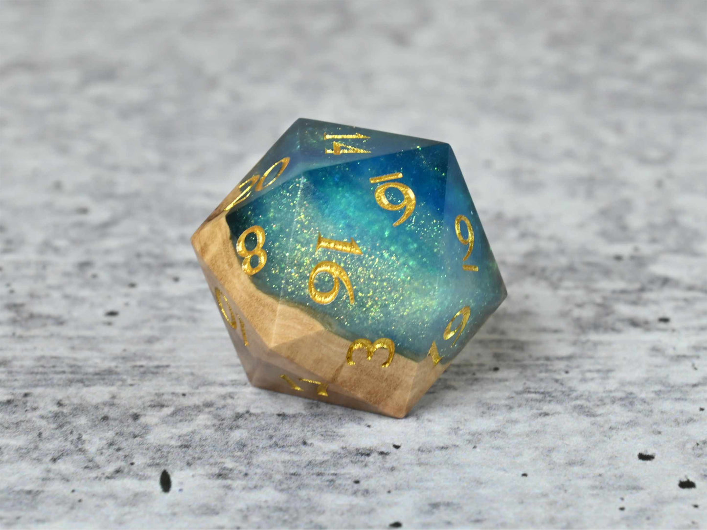 Sunken Treasure - Corrugata Burl Hybrid D20 Dice with gold painted numbers for dnd ttrpg