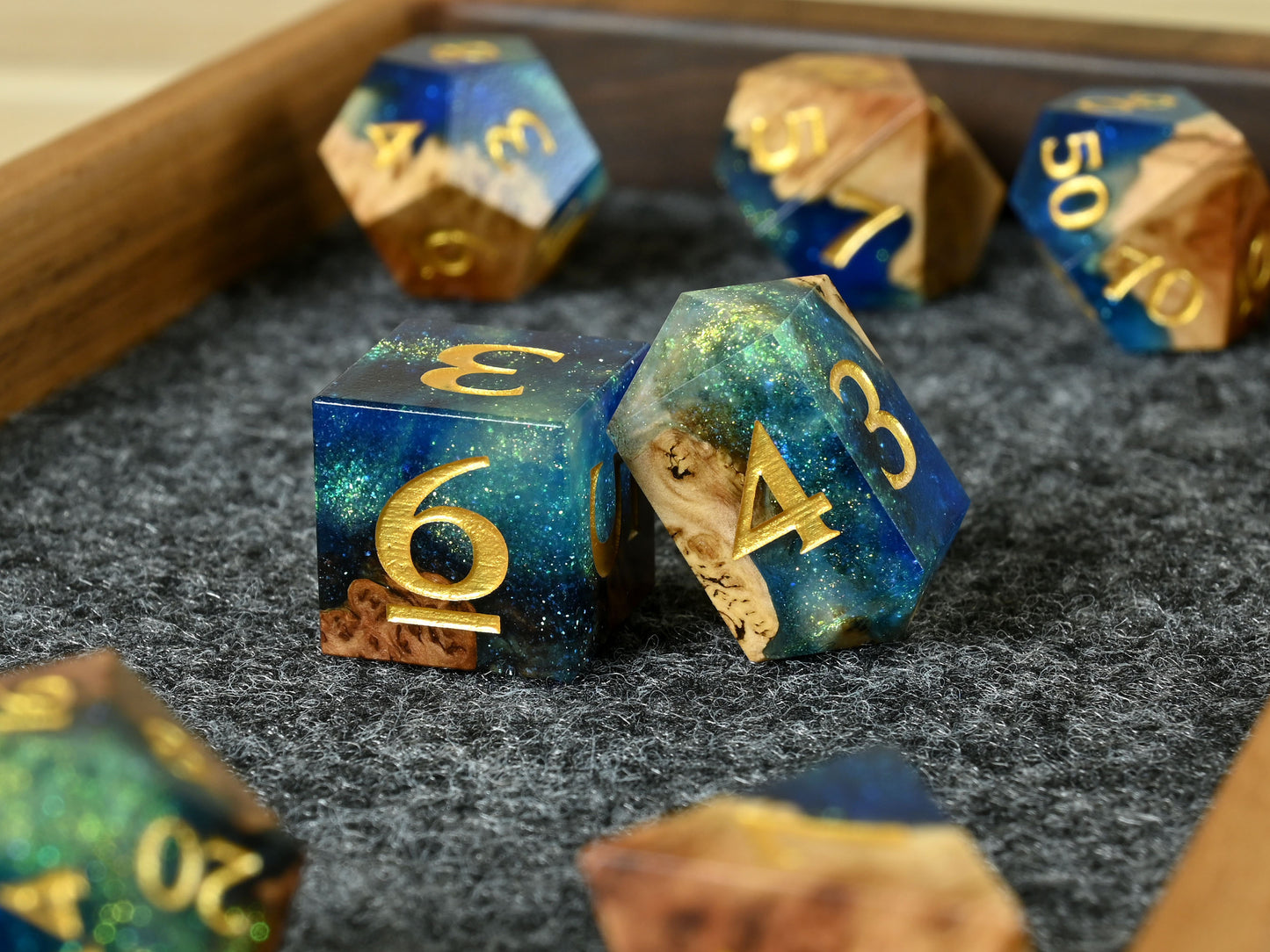 Sunken Treasure vasticola burl wood and resin dice set for ttrpg dnd