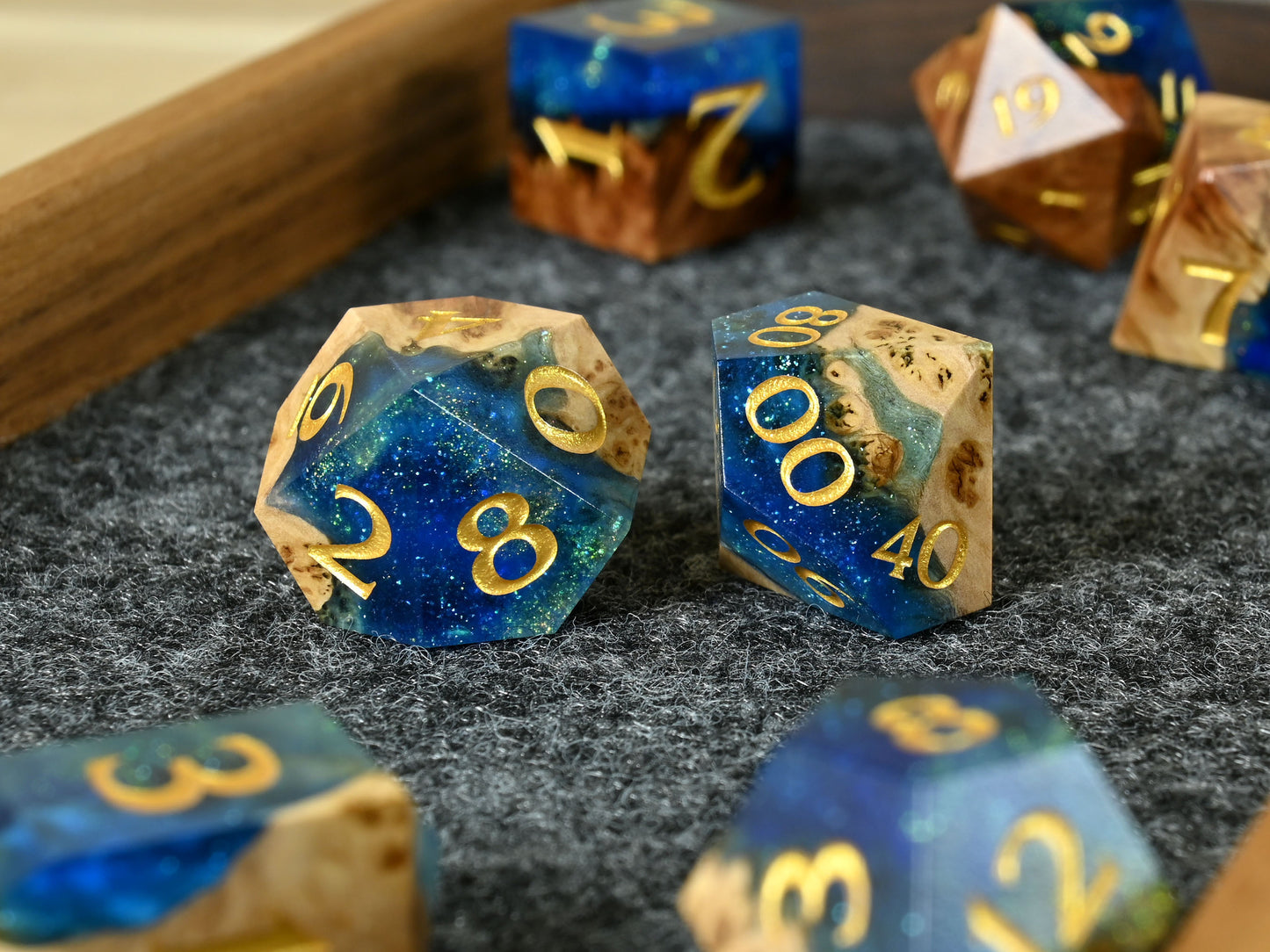 Sunken Treasure vasticola burl wood and resin dice set for ttrpg dnd