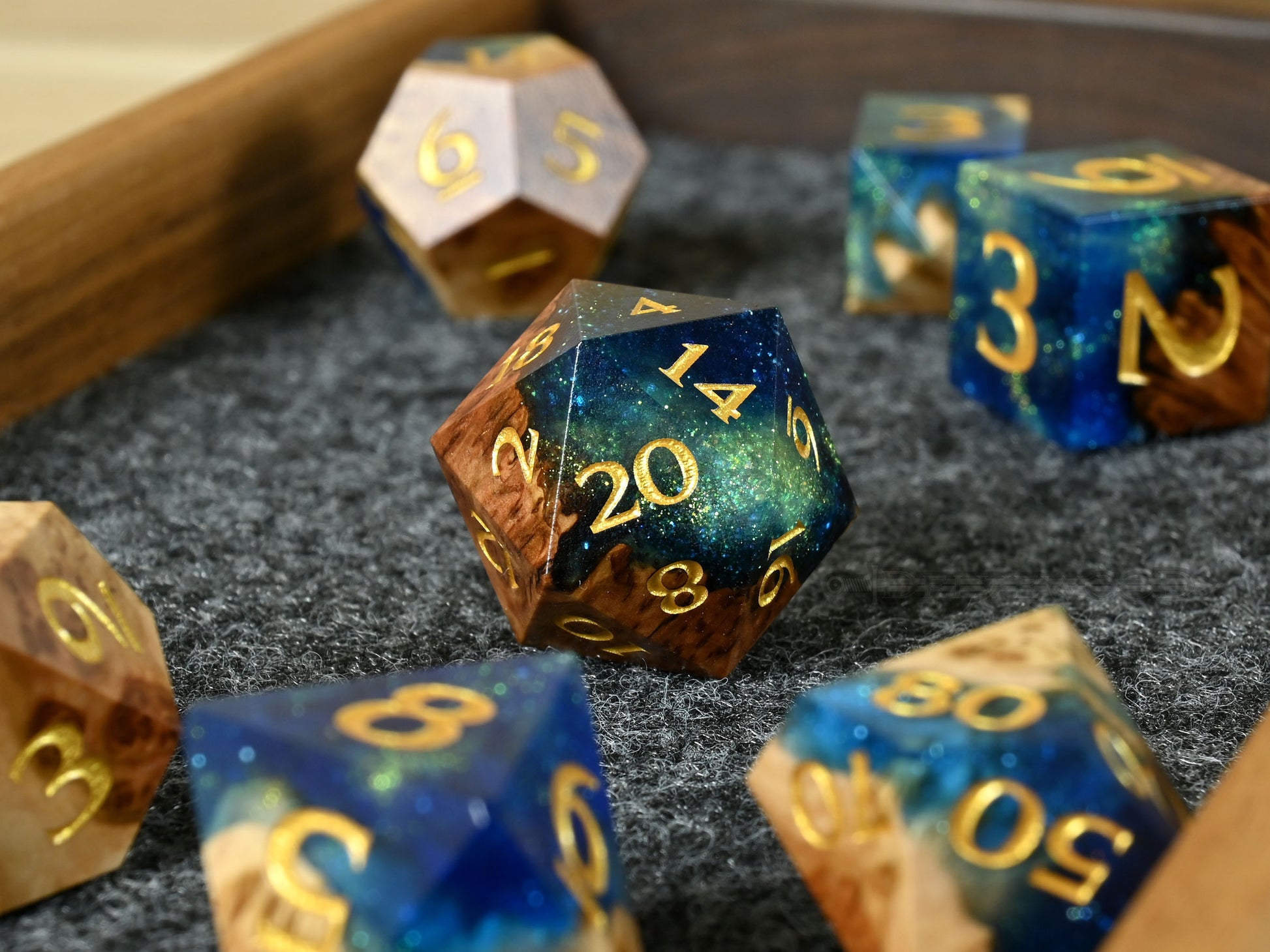 Sunken Treasure vasticola burl wood and resin dice set for ttrpg dnd