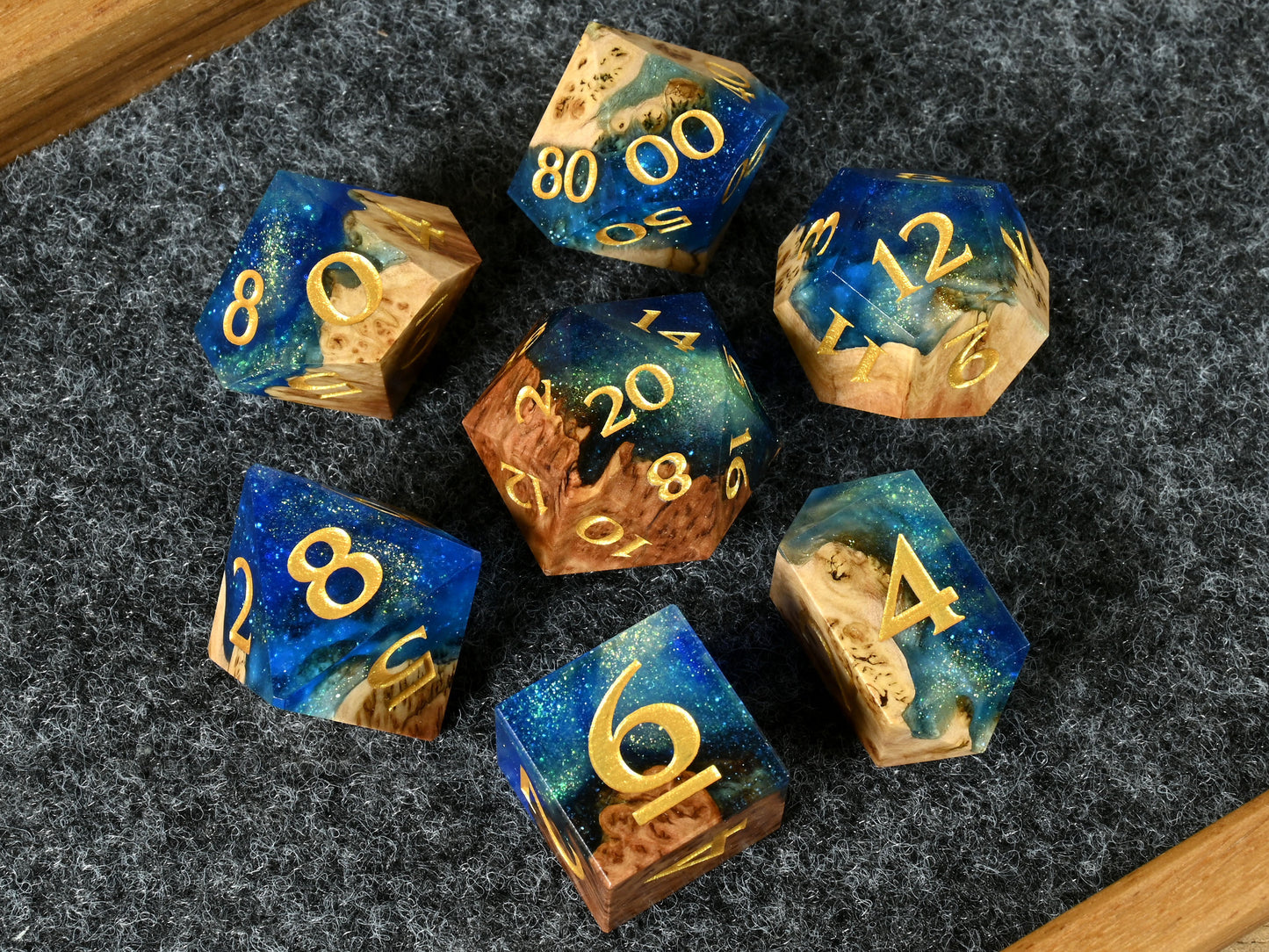 Sunken Treasure vasticola burl wood and resin dice set for ttrpg dnd