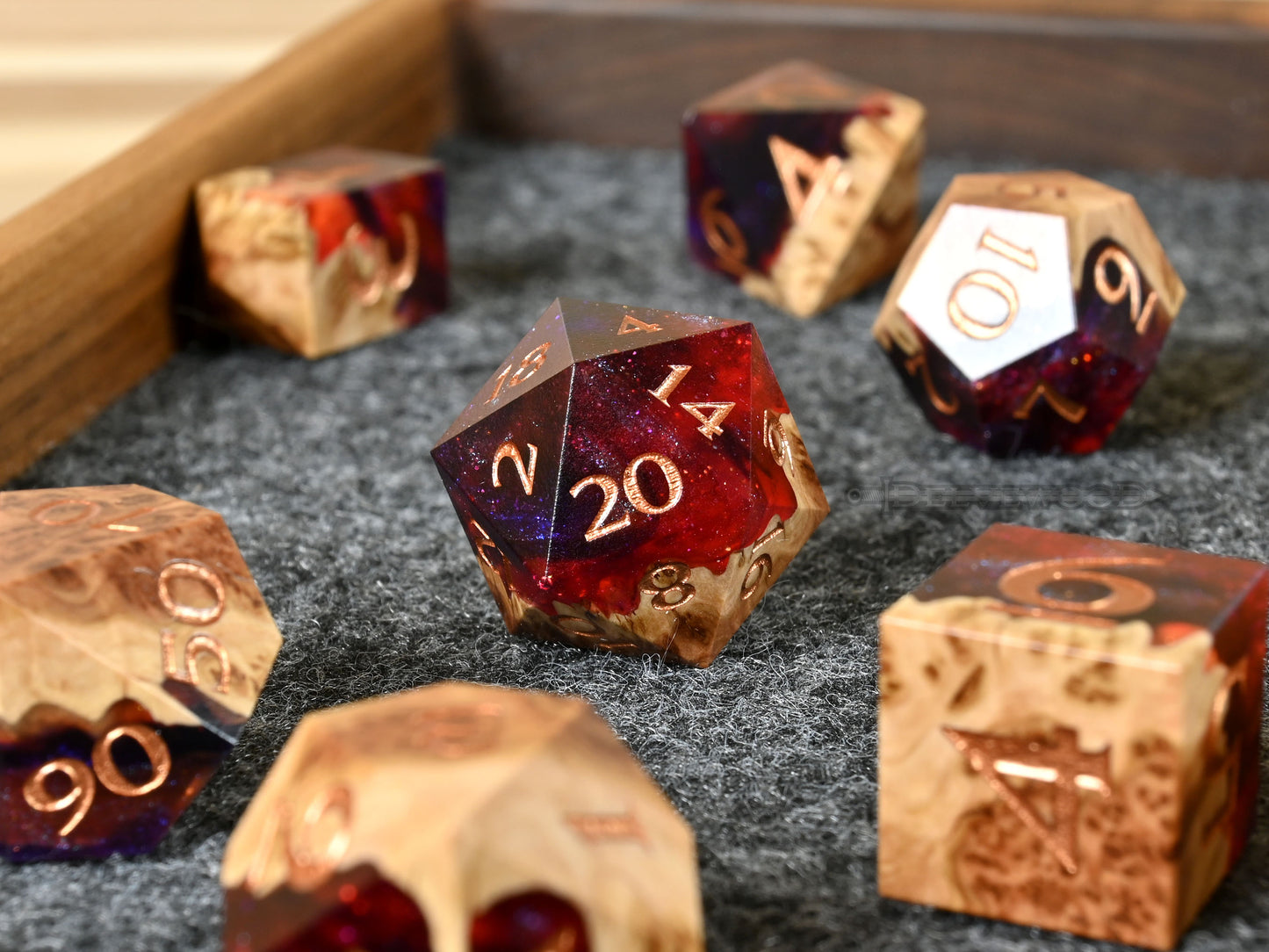 The Last Sky Vasticola burl wood and resin dice set for dnd ttrpg
