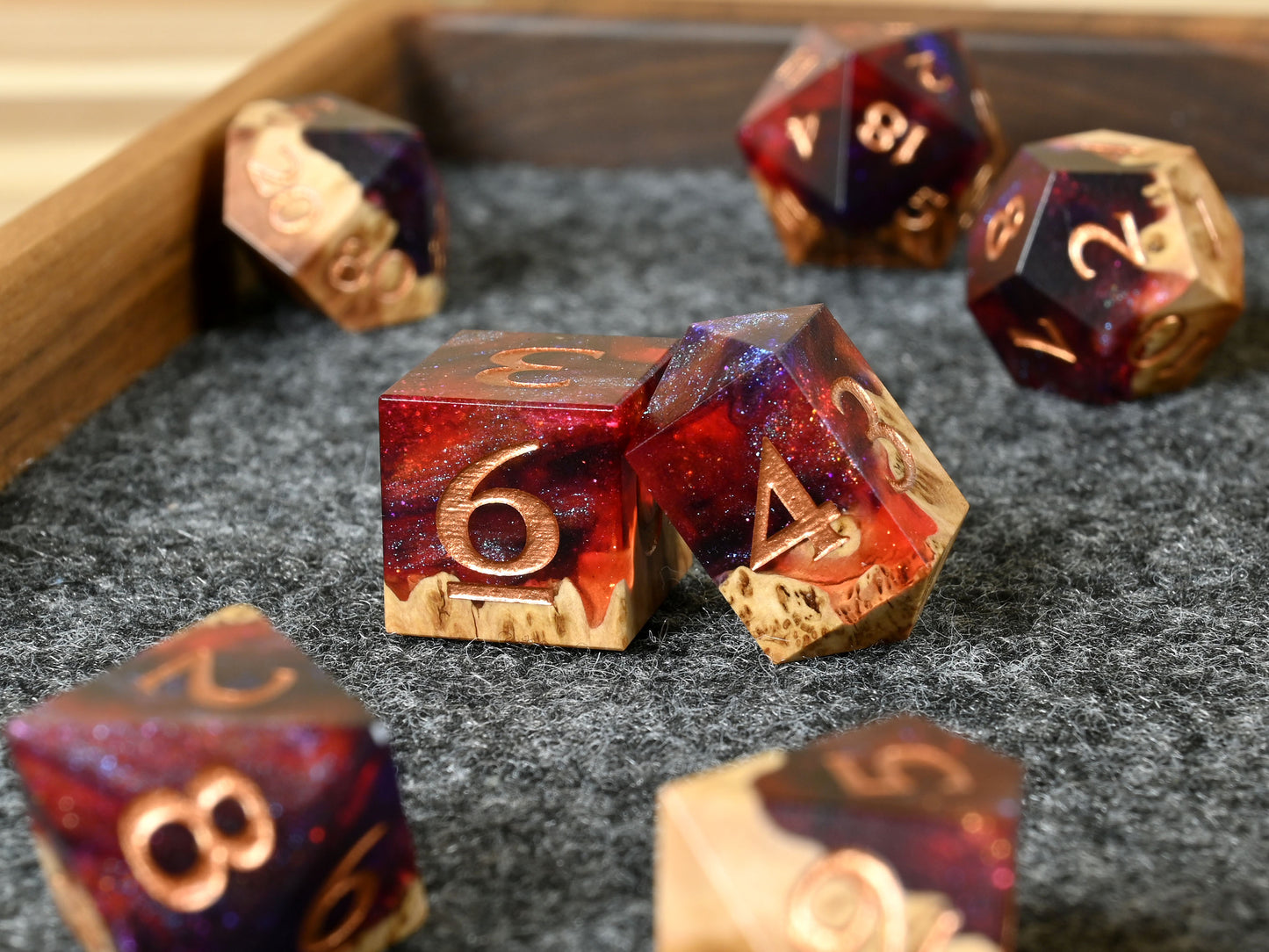 The Last Sky Vasticola burl wood and resin dice set for dnd ttrpg
