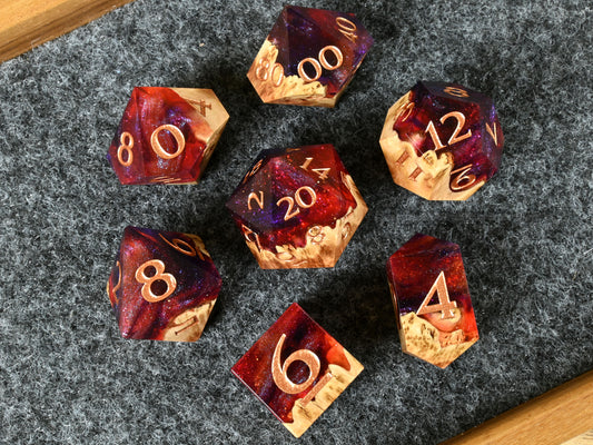 The Last Sky Vasticola burl wood and resin dice set for dnd ttrpg
