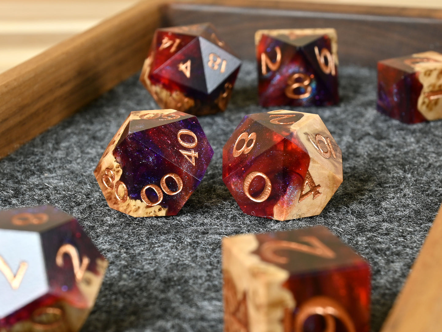 The Last Sky Vasticola burl wood and resin dice set for dnd ttrpg
