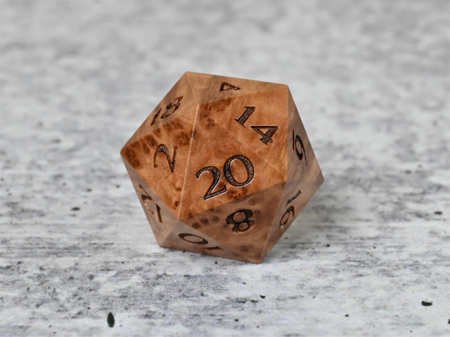 Vasticola burl wood d20 dice for dnd ttrpg