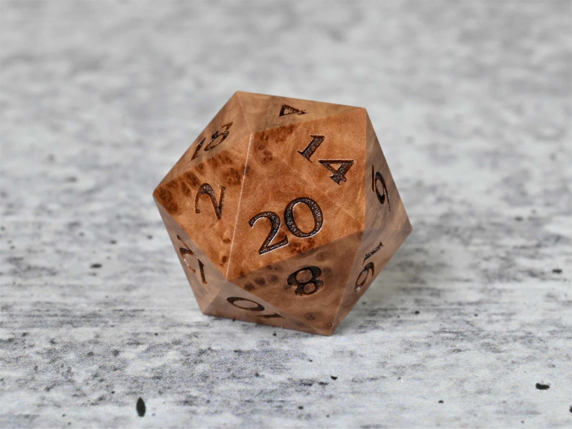 Vasticola burl wood d20 dice for dnd ttrpg