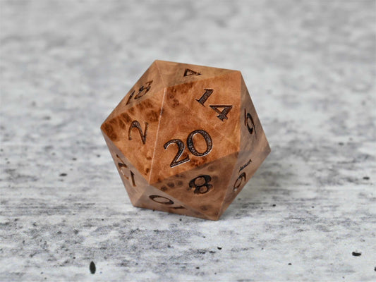 Vasticola burl wood d20 dice for dnd ttrpg
