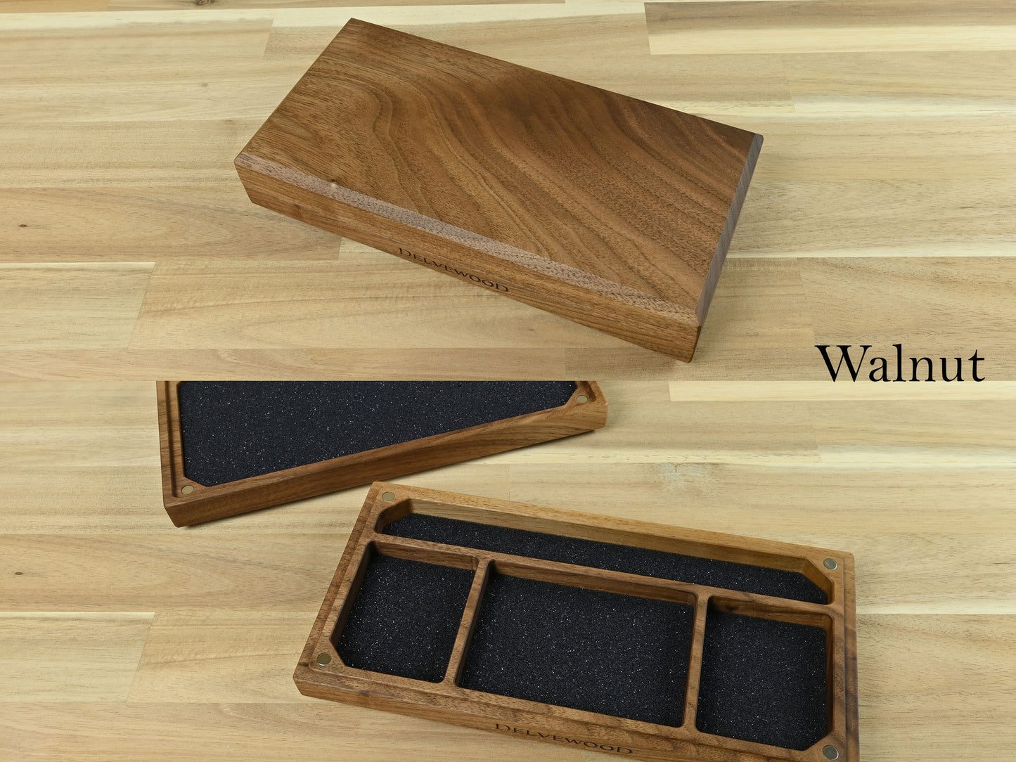 walnut example of Delver Dice Box and Tray for dnd rpg