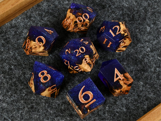 Witches Night York Gum burl wood and resin hybrid dice set for dnd ttrpg