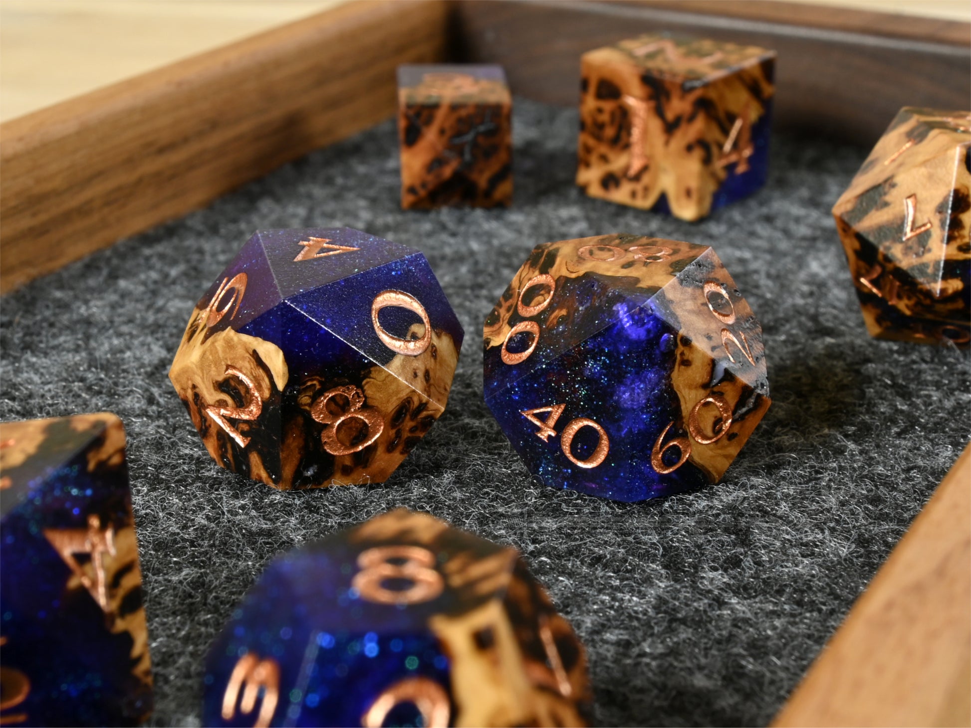 Witches Night York Gum burl wood and resin hybrid dice set for dnd ttrpg