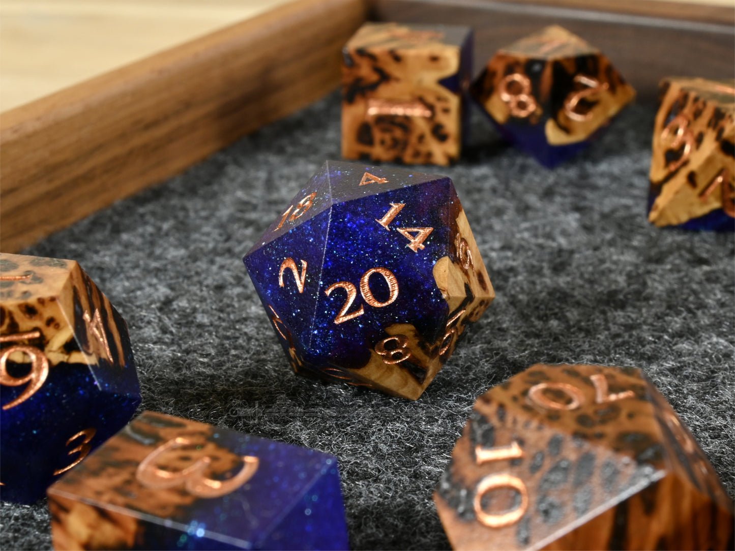 Witches Night York Gum burl wood and resin hybrid dice set for dnd ttrpg