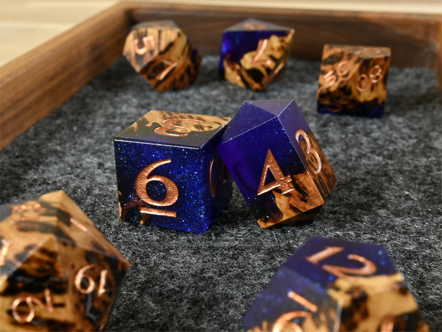 Witches Night York Gum burl wood and resin hybrid dice set for dnd ttrpg