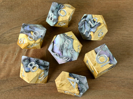 abalone brown mallee burl wood and resin hybrid dice set for ttrpg dnd