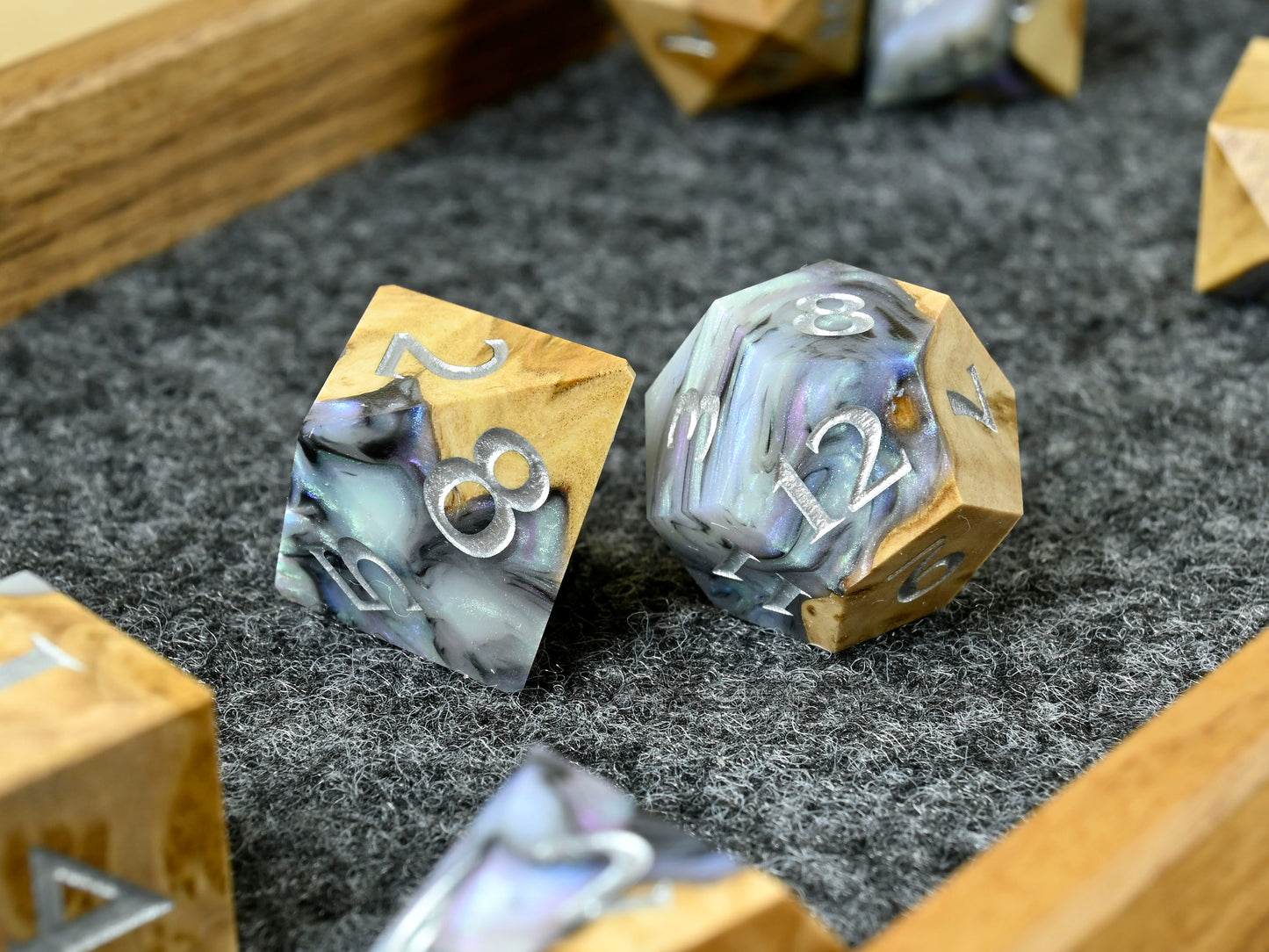 Abalone brown mallee burl wood and resin dice set for dnd ttrpg