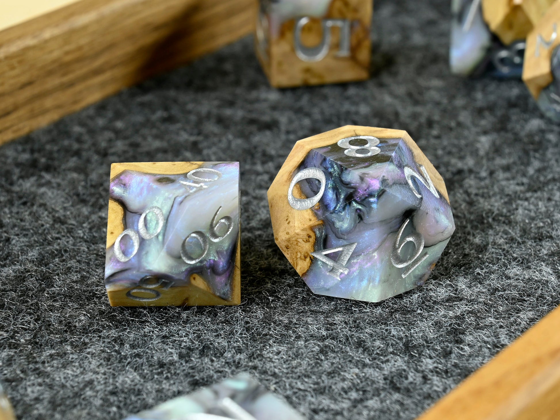 Abalone brown mallee burl wood and resin dice set for dnd ttrpg