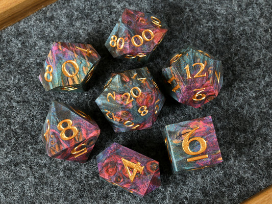 Dyed maple burl wood dice set for ttrpg dnd