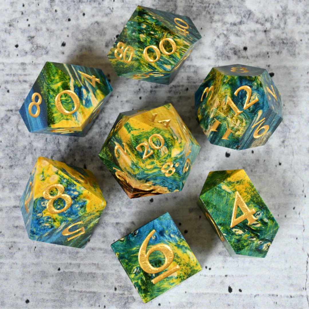 Yellow, green and blue dye stabilized box elder burl wood and resin dice set with gold painted numbers for dnd ttrpg