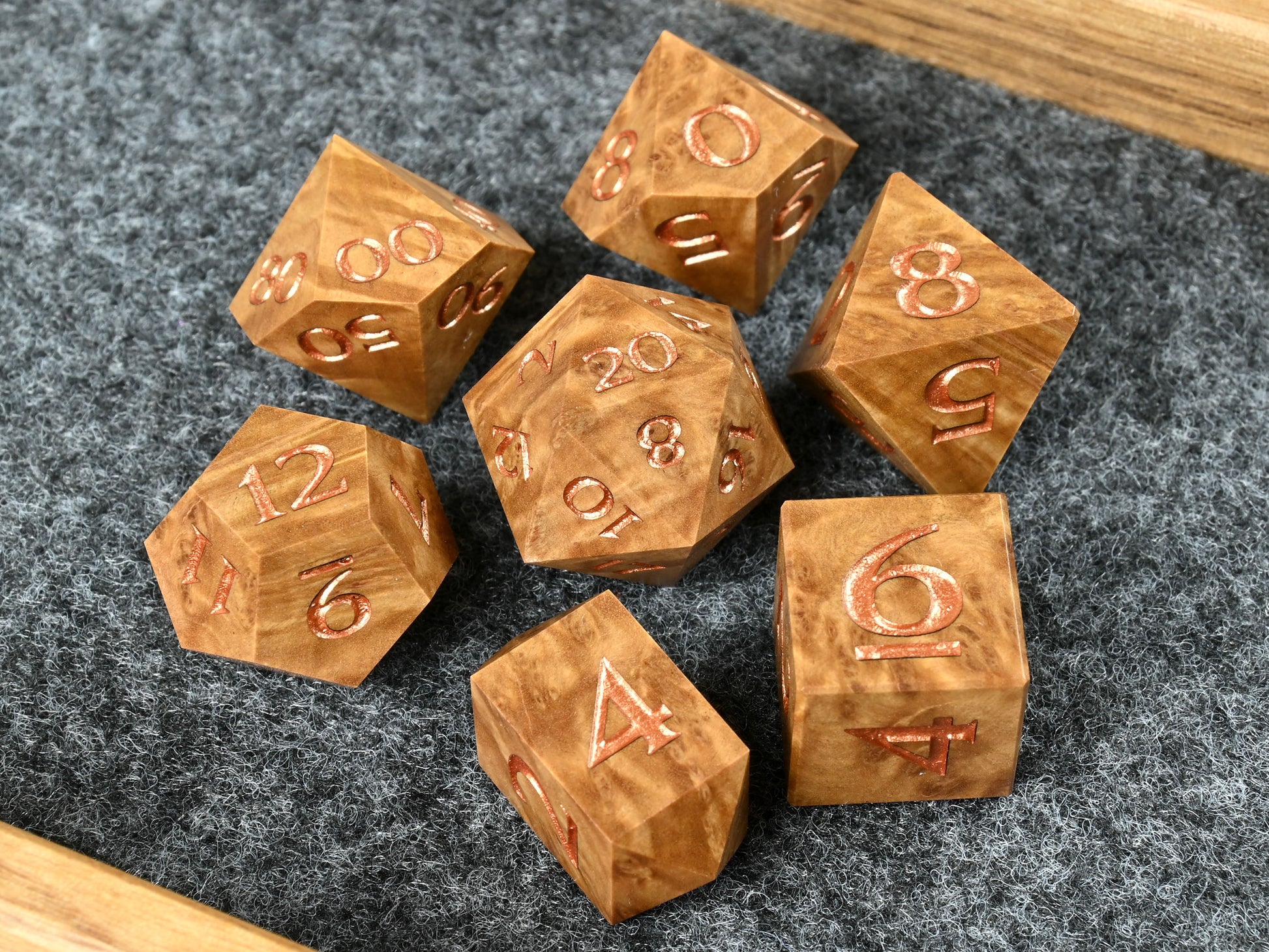 Brown Mallee burl wood dice set with bright bronze numbers for dnd rpg