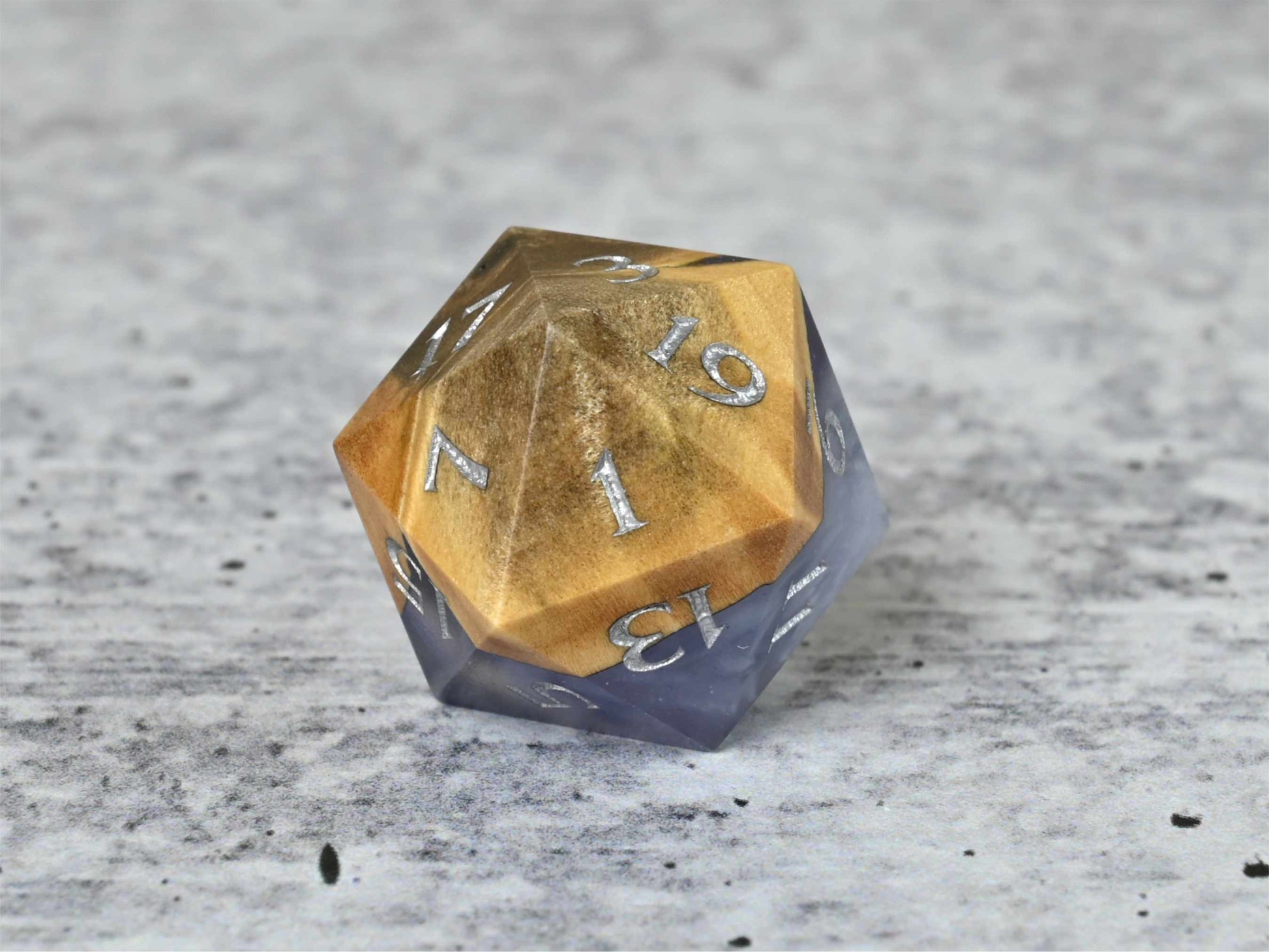 Cloud Nebula Buckeye Burl wood and resin D20 dice with numbers painted silver for dnd ttrpg