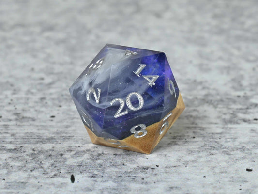 Cloud Nebula Buckeye Burl wood and resin D20 dice with numbers painted silver for dnd ttrpg