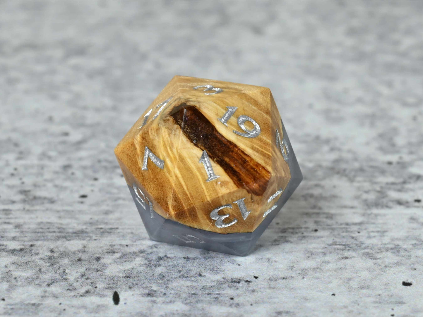 Cloud Nebula Buckeye Burl wood and resin D20 dice with numbers painted silver for dnd ttrpg