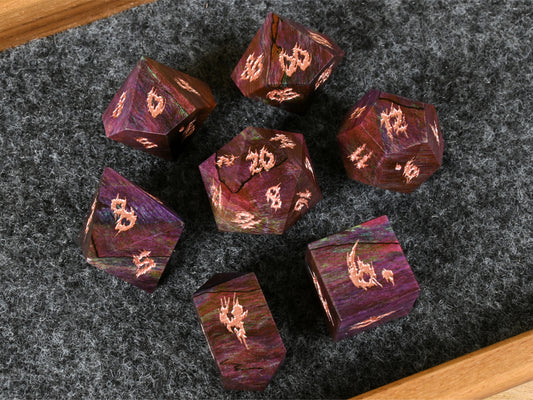 Noisy purple spalted maple burl dice set