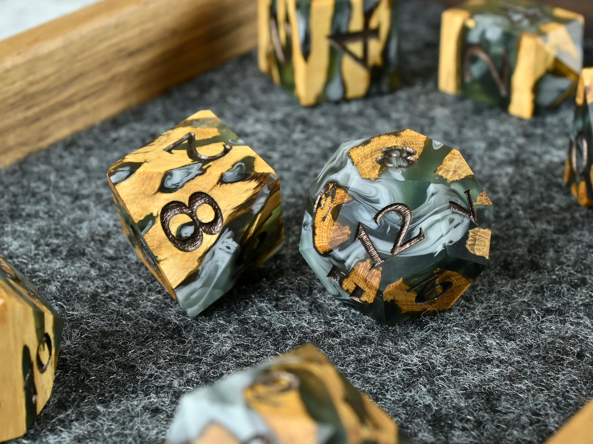 Creeping rot cholla wood and resin hybrid dice set for D&D ttrpg.