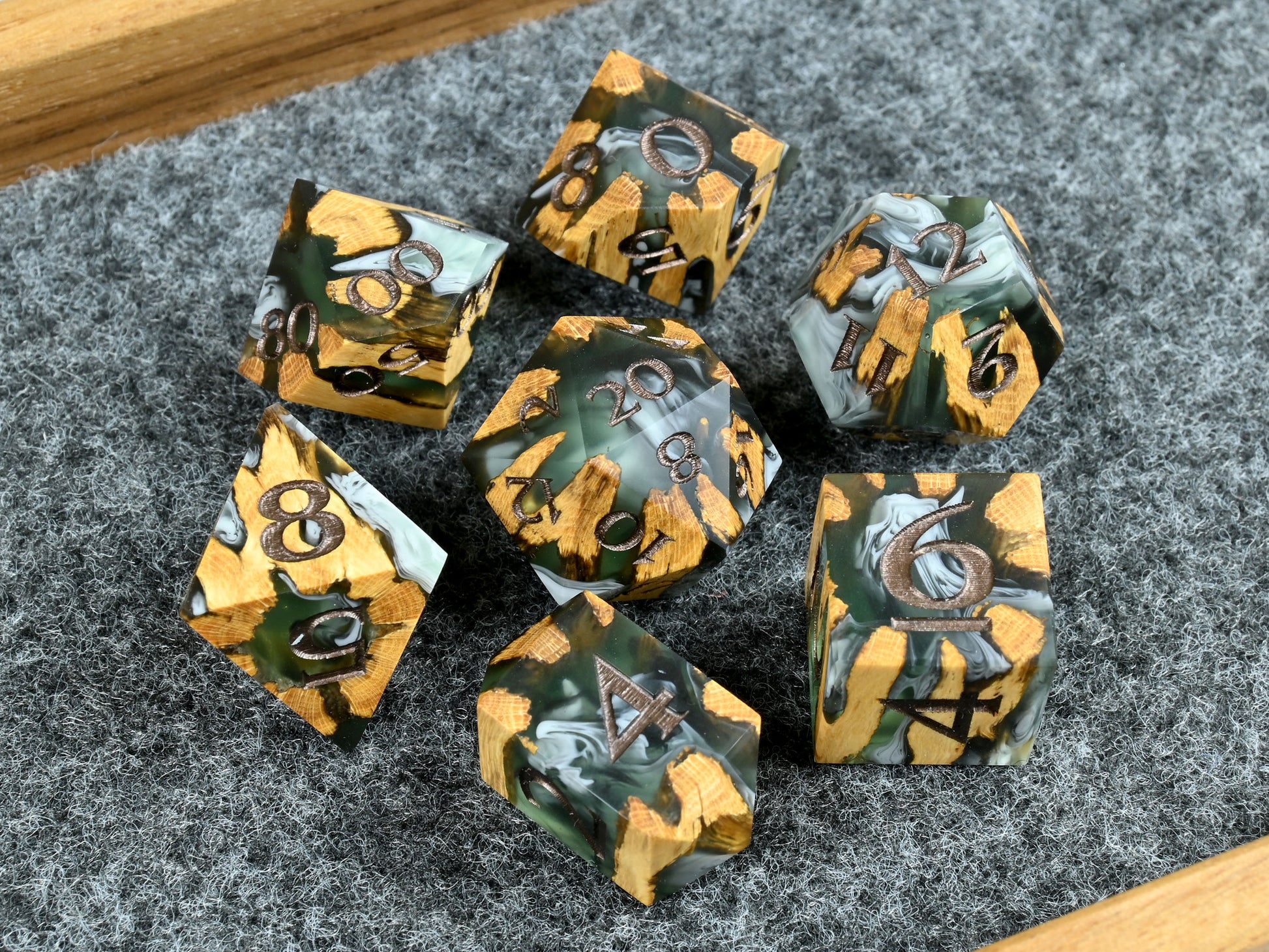 Creeping rot cholla wood and resin hybrid dice set for D&D ttrpg.