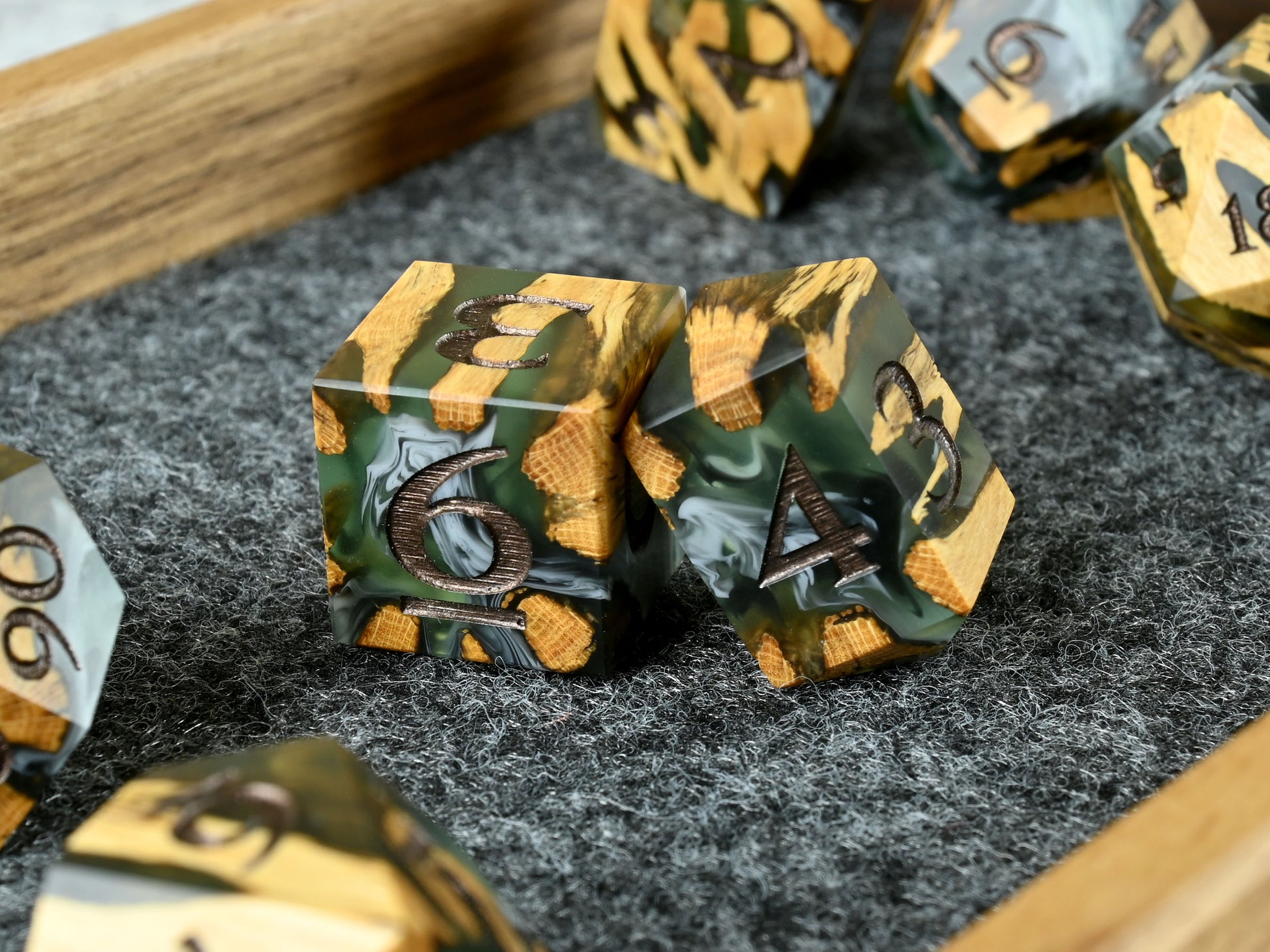Creeping rot cholla wood and resin hybrid dice set for D&D ttrpg.