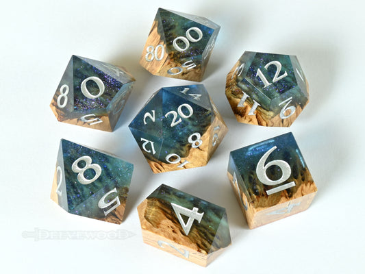 Font of Magic Coolibah burl wood and resin hybrid dice set for dnd ttrpg