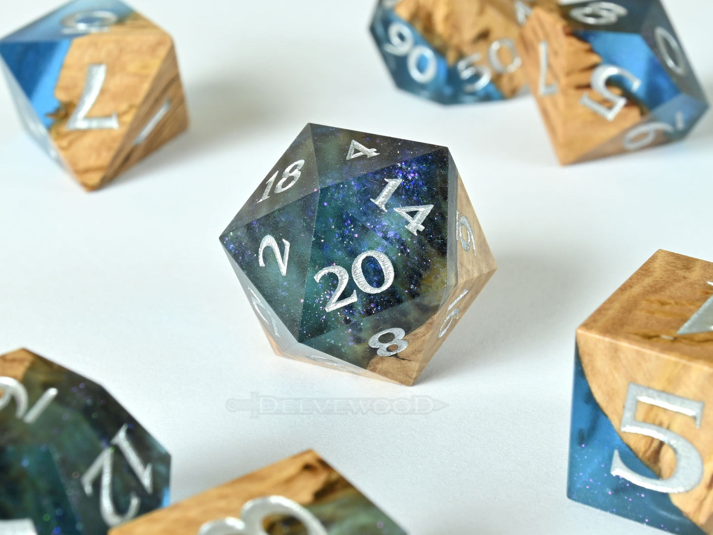 Font of Magic Coolibah burl wood and resin hybrid dice set for dnd ttrpg