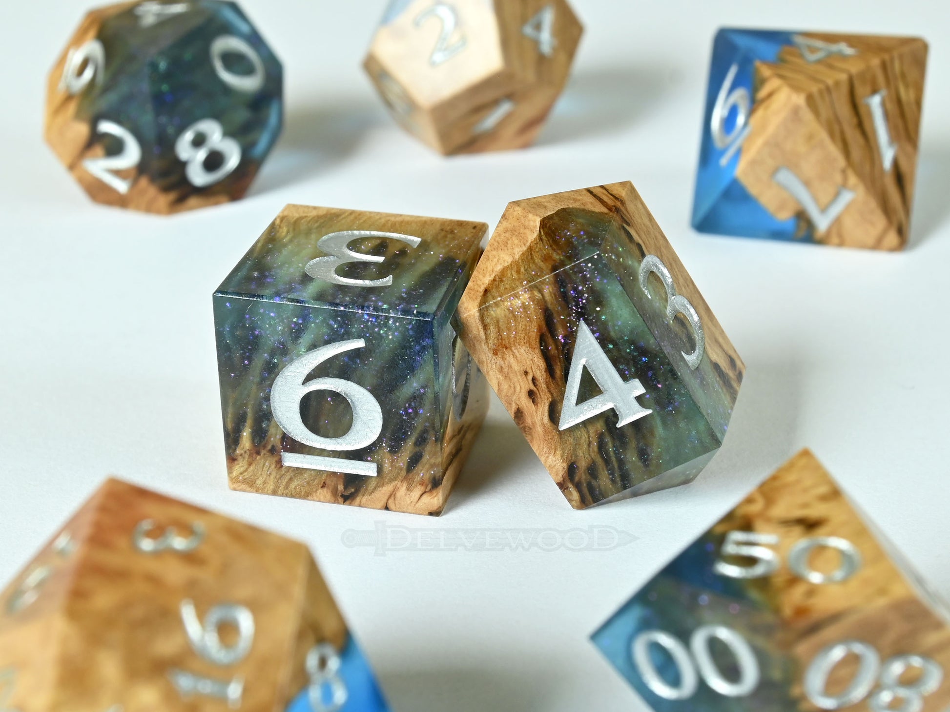 Font of Magic Coolibah burl wood and resin hybrid dice set for dnd ttrpg