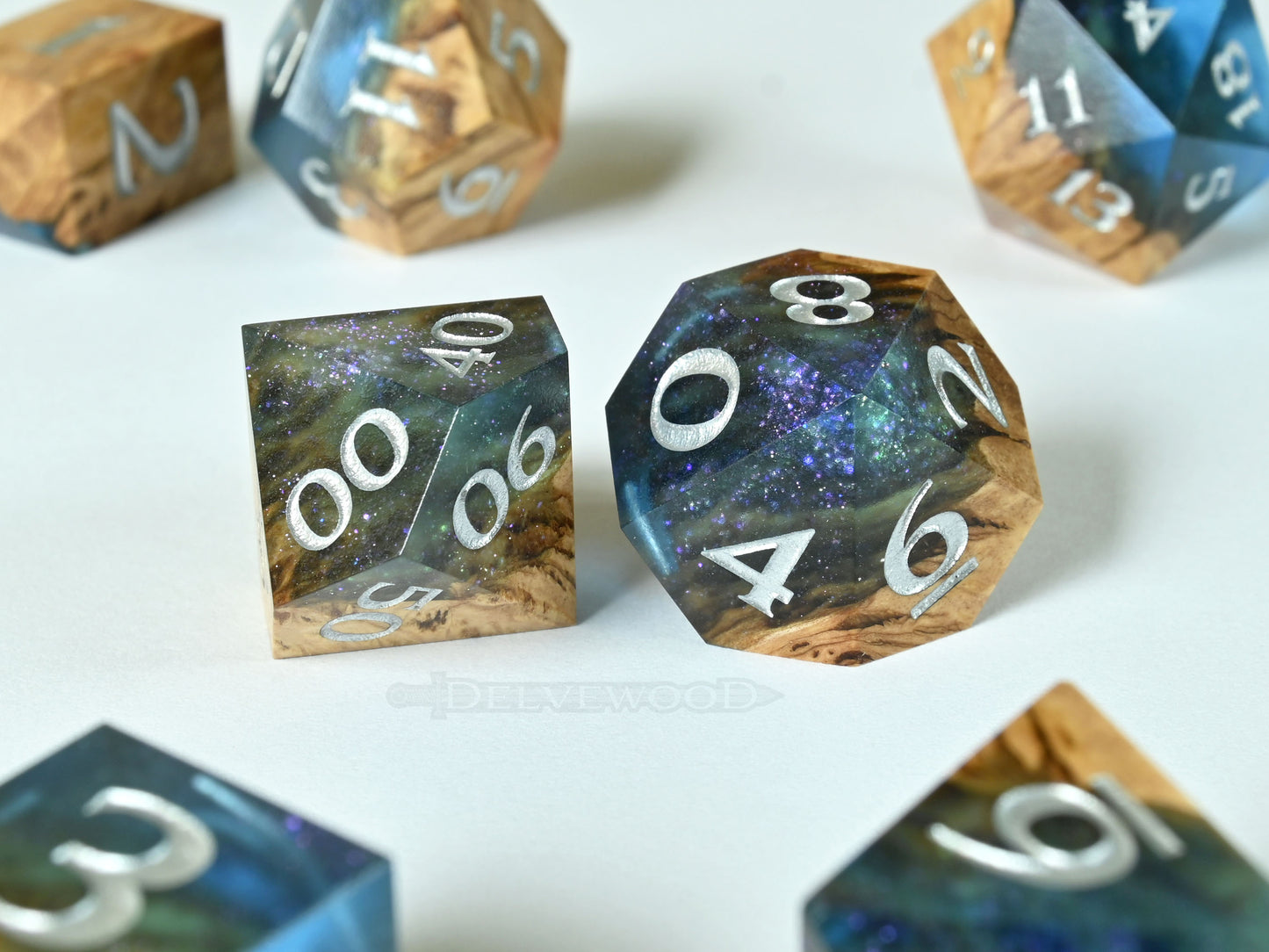 Font of Magic Coolibah burl wood and resin hybrid dice set for dnd ttrpg