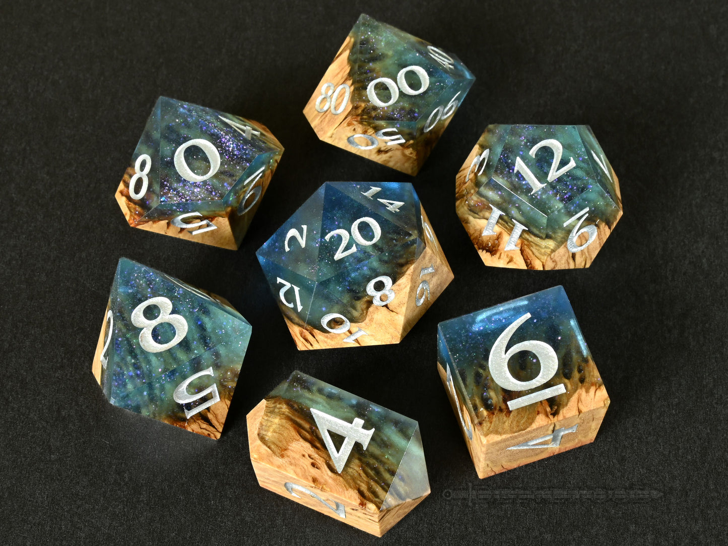 Font of Magic Coolibah burl wood and resin hybrid dice set for dnd ttrpg