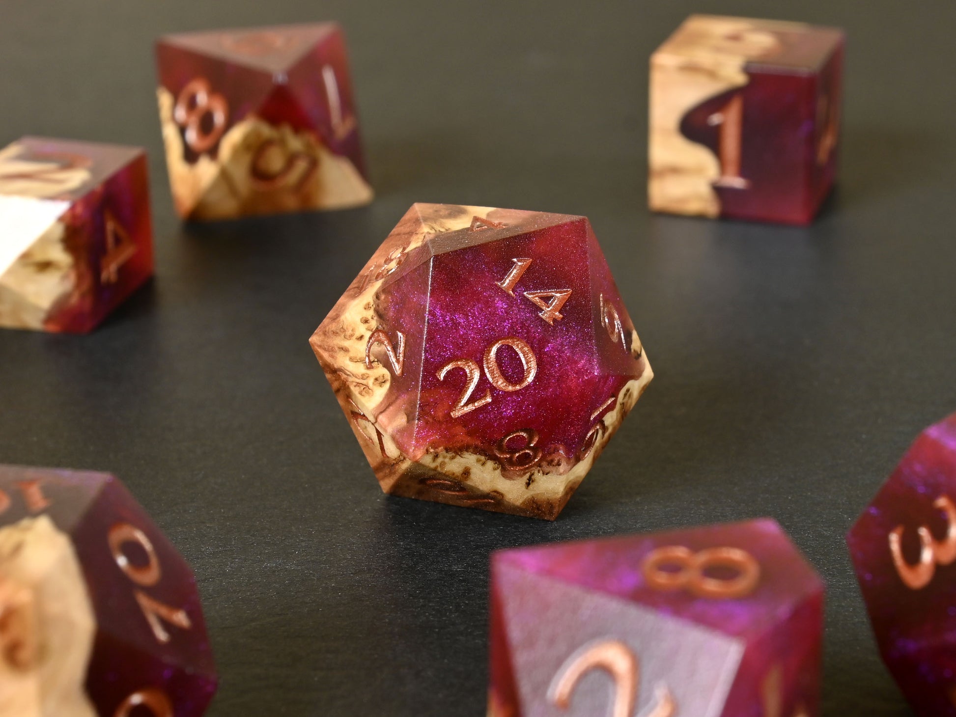 Infernal Ruby vasticola burl wood and resin hybrid dice set for dnd ttrpg