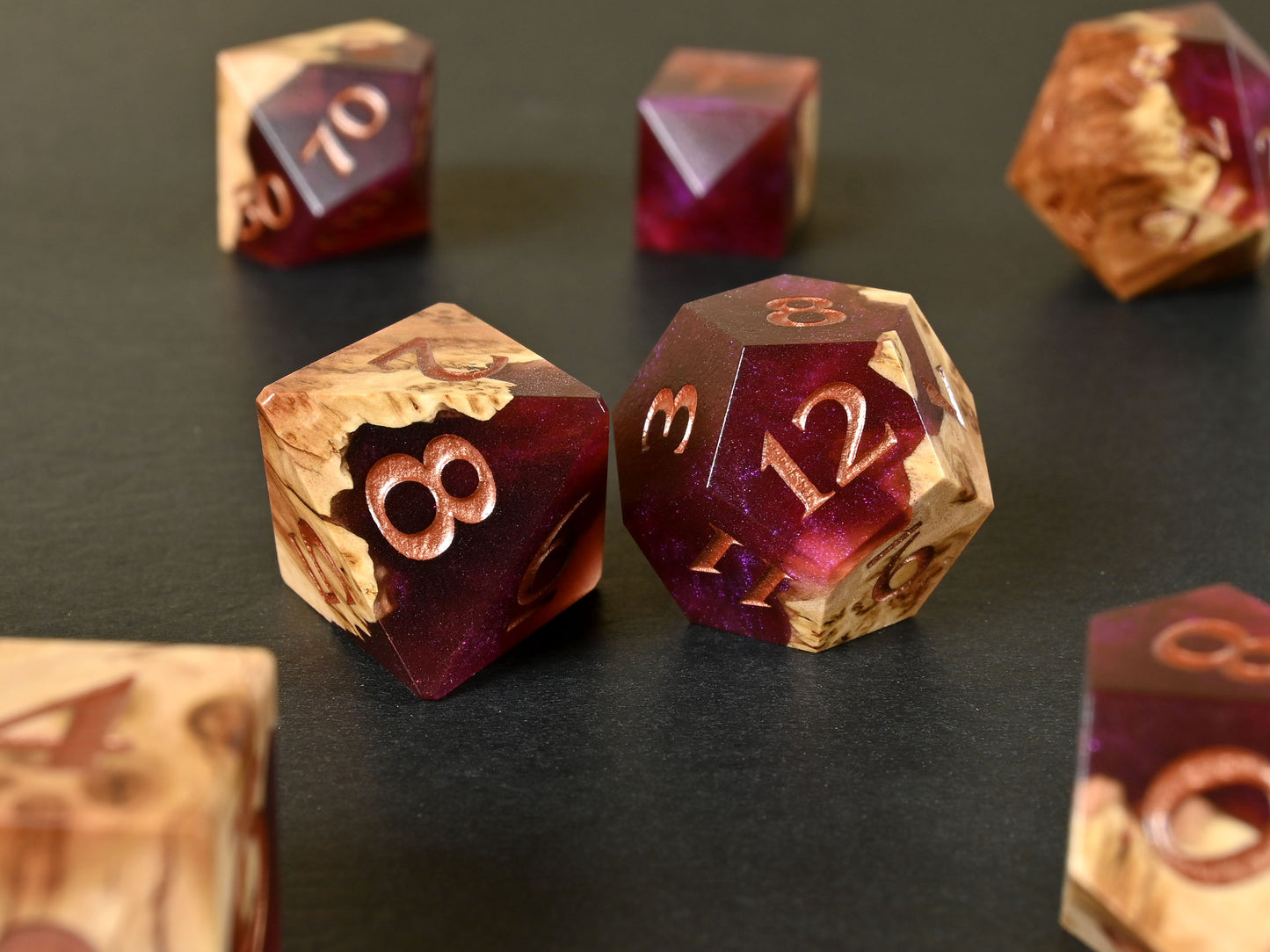 Infernal Ruby vasticola burl wood and resin hybrid dice set for dnd ttrpg