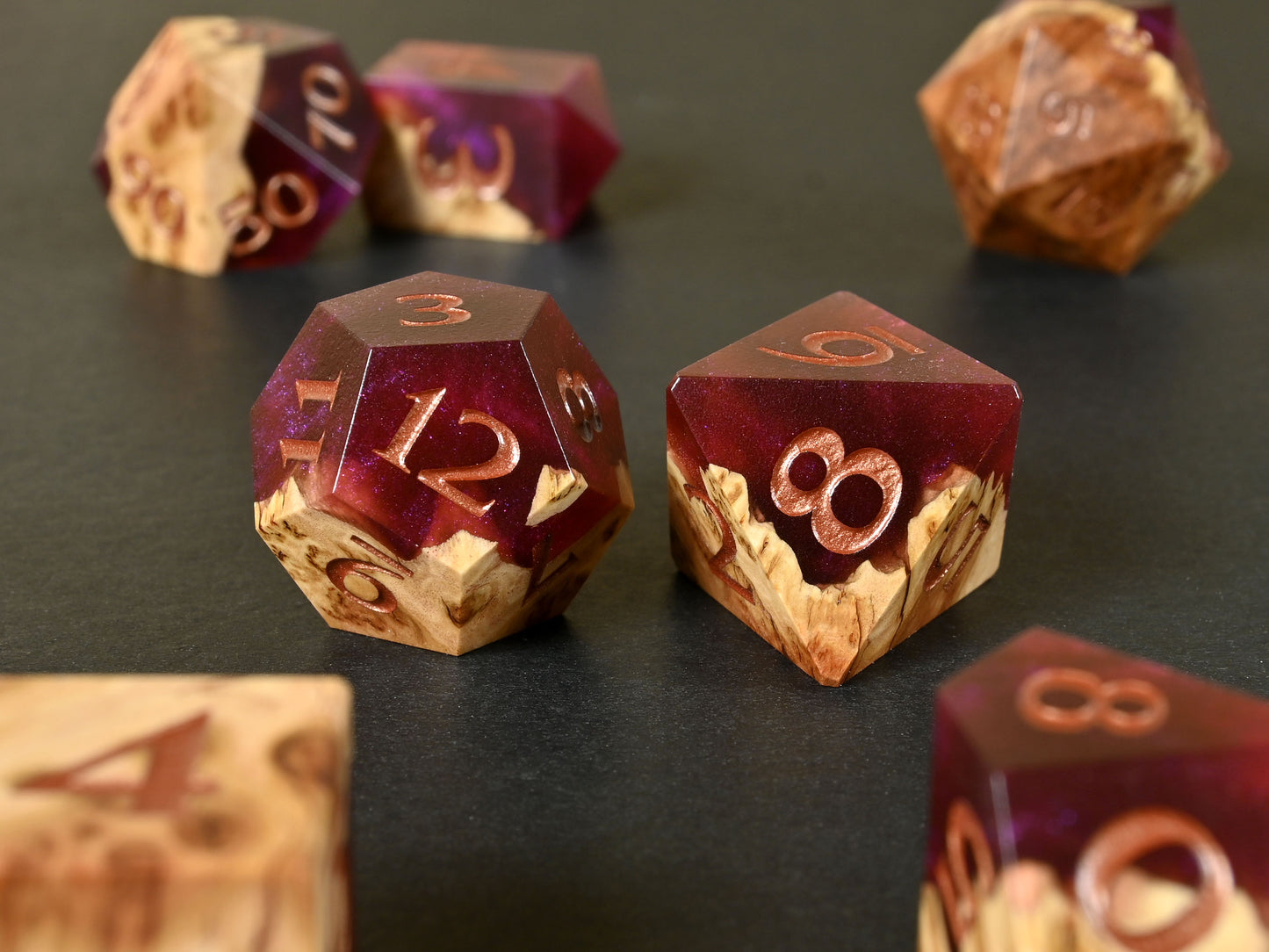 Infernal Ruby vasticola burl wood and resin hybrid dice set for dnd ttrpg