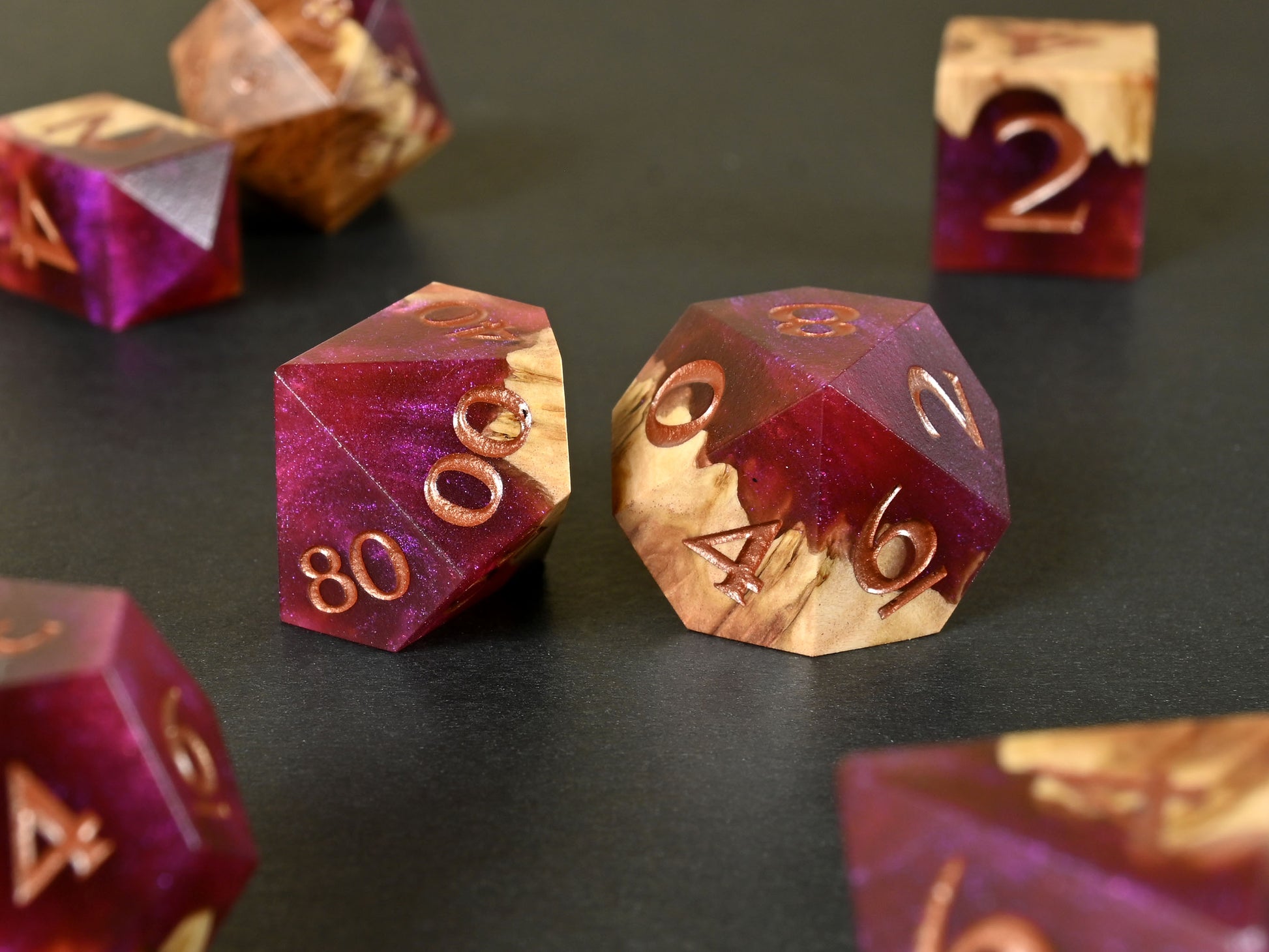 Infernal Ruby vasticola burl wood and resin hybrid dice set for dnd ttrpg