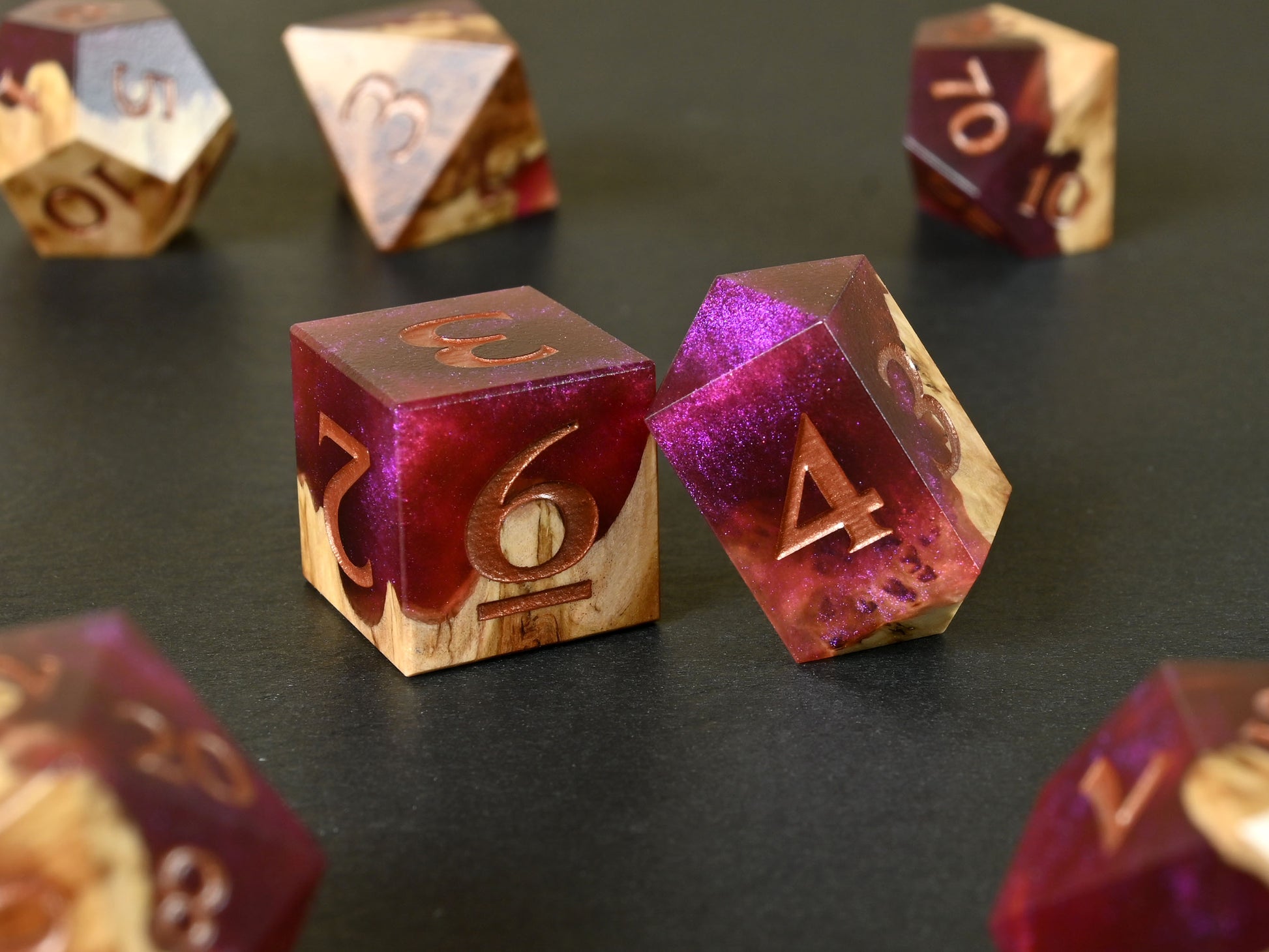 Infernal Ruby vasticola burl wood and resin hybrid dice set for dnd ttrpg